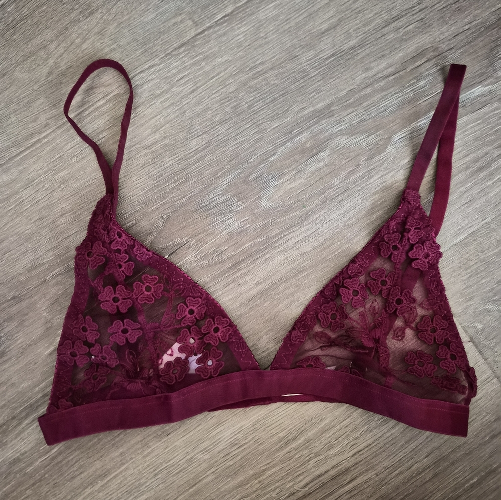 Kat The Label Sheer Floral Lace Triangle Bralette Red Medium